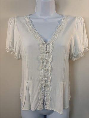 MOA MOA Womens Medium White Lace Button Blouse Peplum Short Sleeve Tie Back