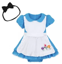 New Disney Store Alice in Wonderland Baby Costume Bodysuit Blue White Apron