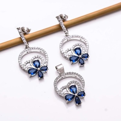 Blue Sapphire Simulated & CZ 925 Silver Handmade Pendant Earring Set PS810