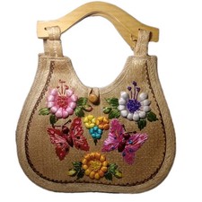 Vintage Hand Woven Straw Handbag 3D Floral Butterfly Embroidered Shoulder Bag...