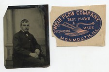 SET OF 2 1/6 PLATE TINTYPE MAN + VINT MONMOUTH, IL, COLOR PLOW ADVERTISEMENT