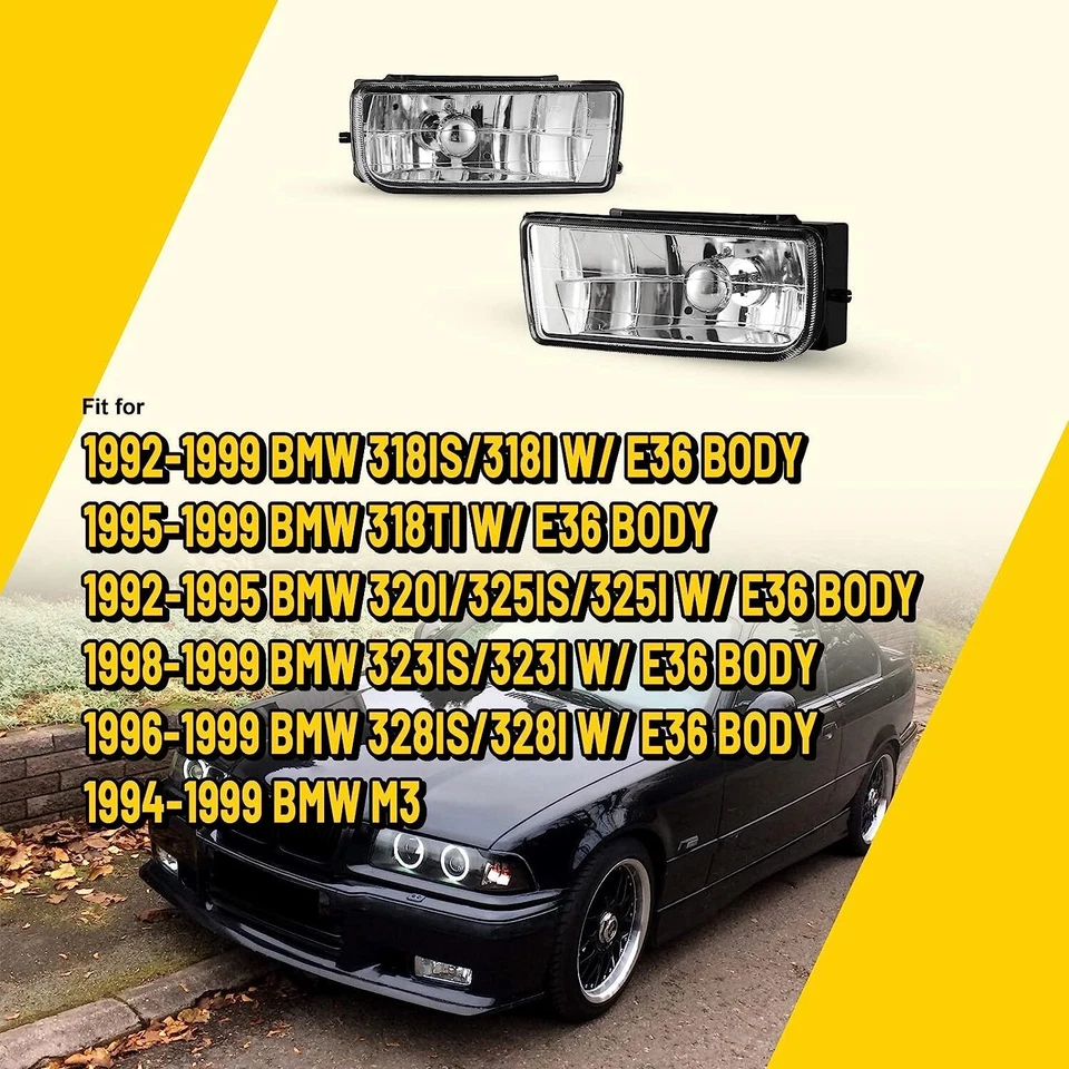 Fog Lights For 92-99 BMW E36/M3 3 Series Clear Glass Lens with Bulbs H1 55W Pair - Image 2 of 4