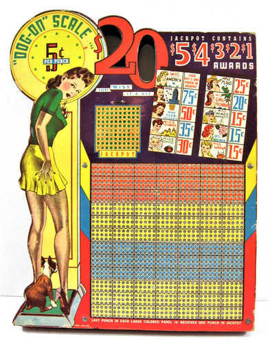 Vintage Dog On Scale Girl 5 ct Thick Punch Board Gambling Old Store Stock