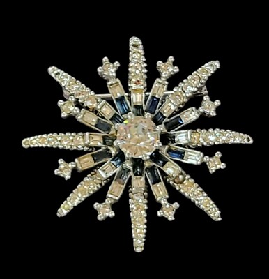 Ciner Atomic Blue & White Starburst Brooch Silver Tone Rhodium Rare Brooch