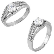 Sterling Silver 3 Rows CZ Stones Ring w/ 5 mm 0.50 ct Round Cut Center CZ