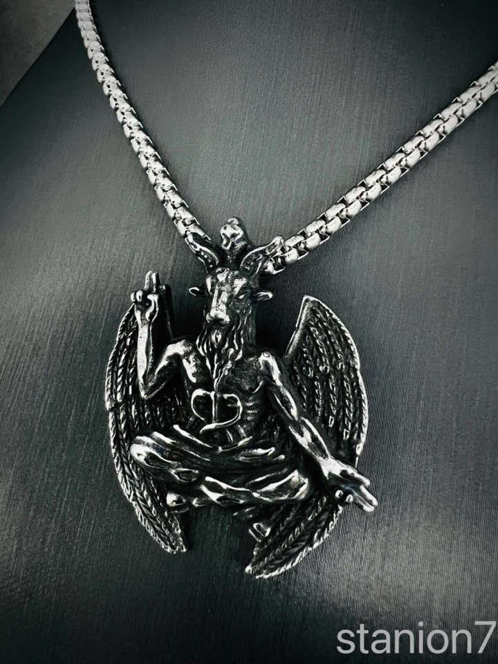 Baphomet Dämon Ziegen Kopf Anhänger Edelstahl Kette Totenkopf Biker Schmuck 321A - Bild 3 von 4