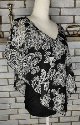 NWT G Collection Women's Short Sleeve Overlay Top Black Floral Size Medium 