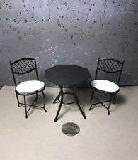 DOLLHOUSE 1:12 SCALE BLACK METAL 3 PIECE TABLE 2 CHAIRS AND CUSHIONS