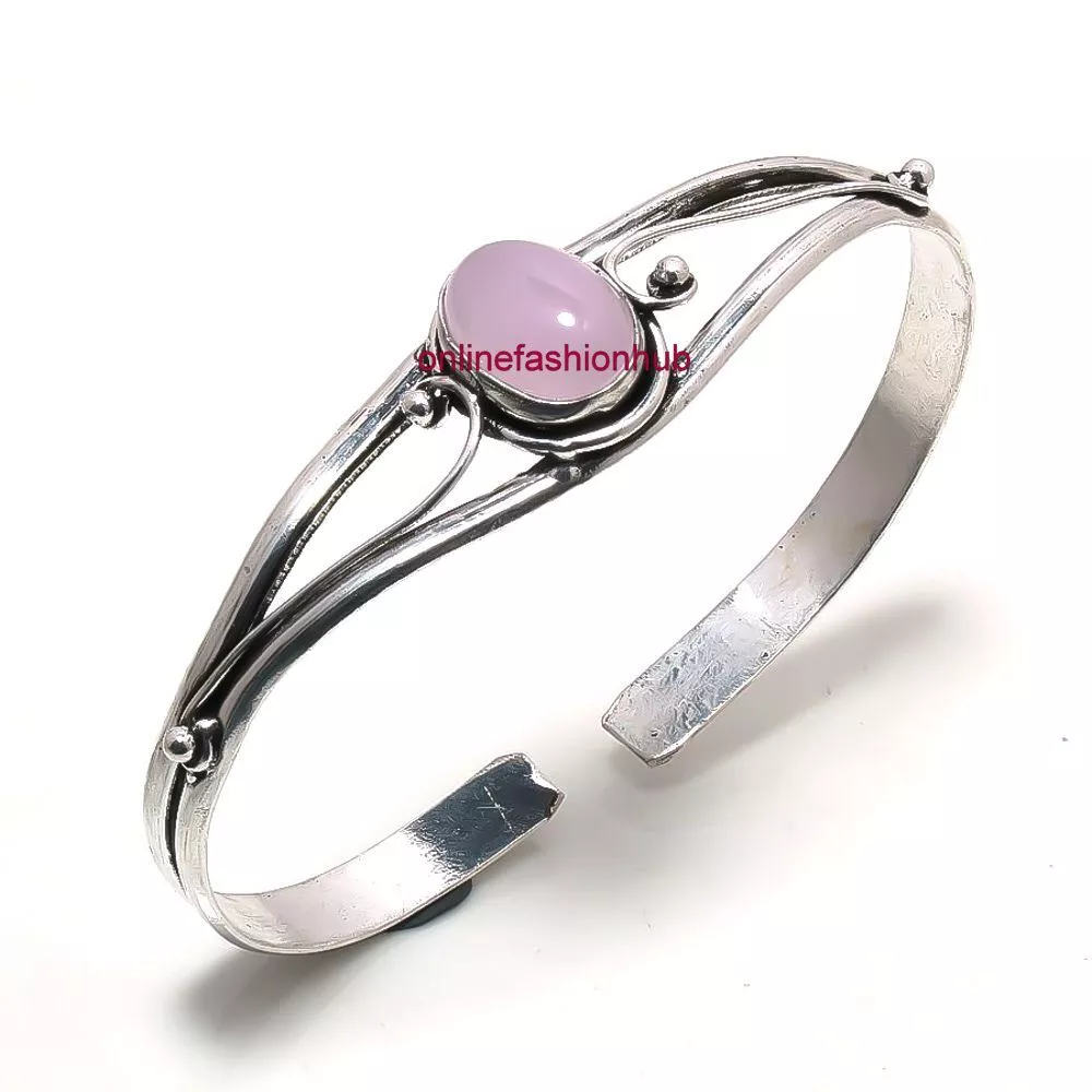 Rose Quartz Gemstone 925 Sterling Silver Plated Cuff Bracelet