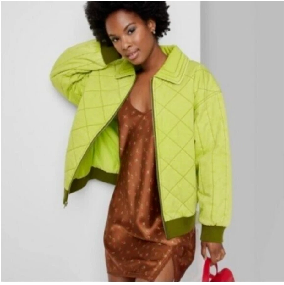 Wild Fable Womens Quilted Bomber Jacket Size Small Bright Green Full Zip