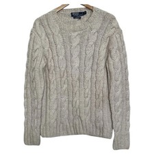 VTG Polo Ralph Lauren Wool Blend Hand Knit Fisherman Cable Sweater Medium Cream
