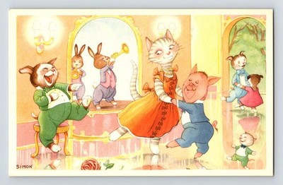 Tiere: Kinder. Schweden. Simon. Anthropomorphe Katze & Schwein tanzend. Unbespielt.