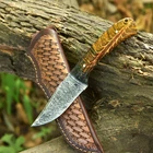 Damascus Steel Full Tang Handmade Fixed Blade Skinning Knife with Leather Sheath