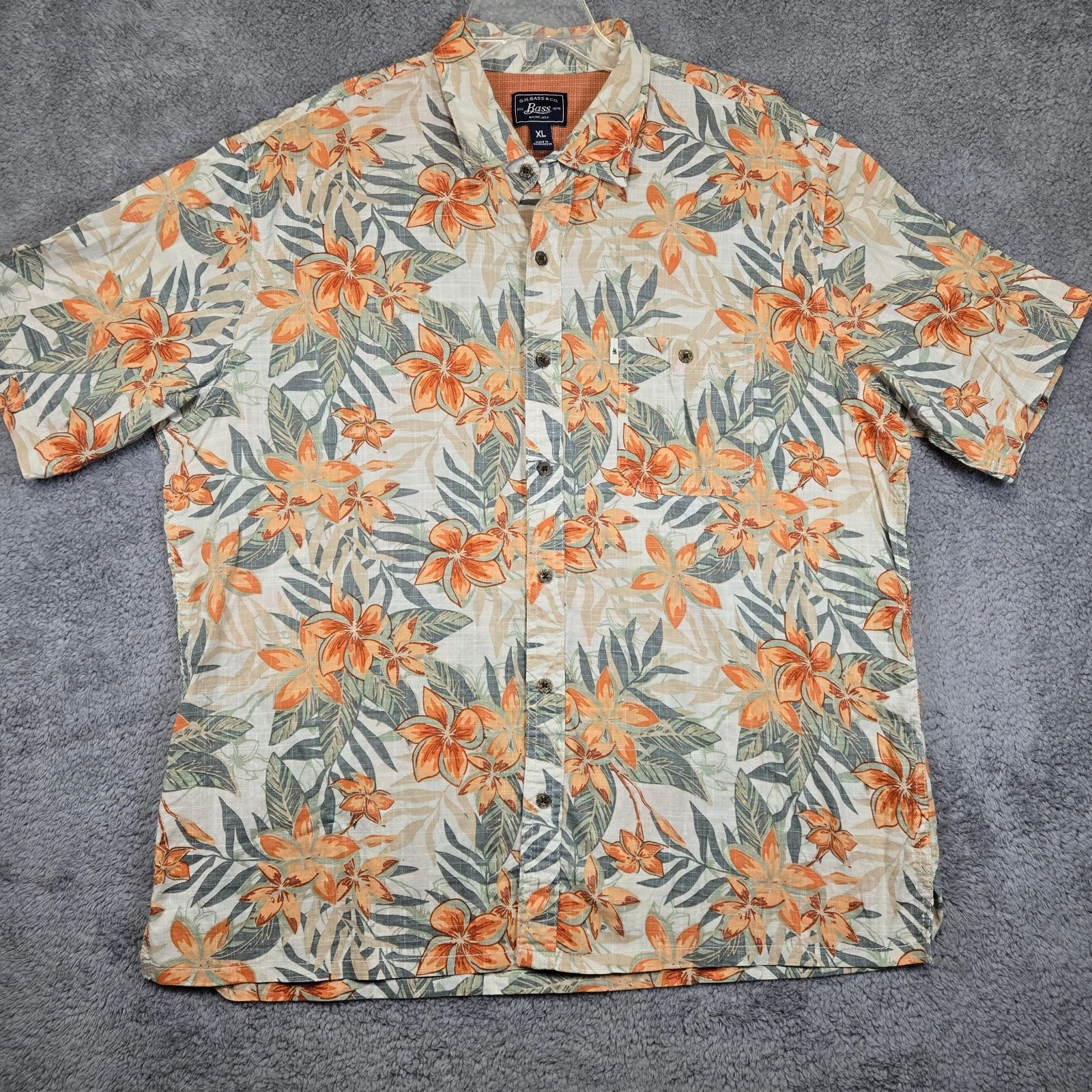 Hawaiian Button Up Short Sleeve Shirt Floral Orange Men XL G H Bass Vacation
