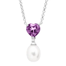 Finecraft FW Pearl & Amethyst Heart Drop Necklace with Diamond in Silver, 17"