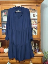 MSK Women Size 1X Blue Ruffle V Neck Dressy Dress Long Sheet Sleeves