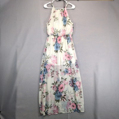 Papaya Floral Halter Maxi Dress Sz M Blouson Sheer Cream w/ Pink & Blue, Lined