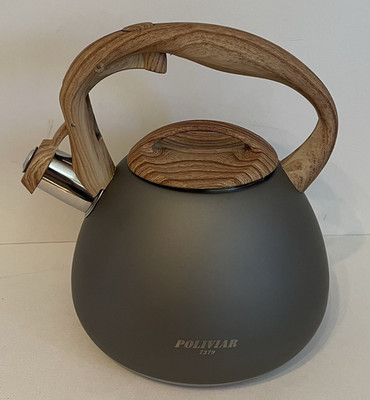POLIVIAR 7379 Whistling Tea Kettle 2.7 Qt Stainless Steel Wood Handle Gray