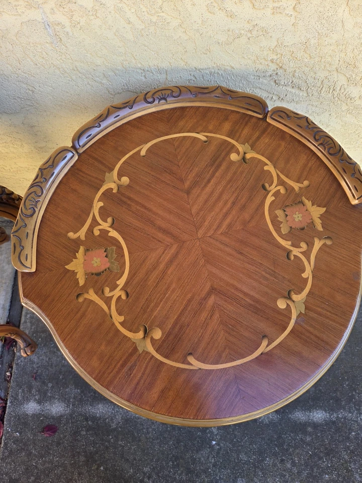 Antique Carved Walnut Side Lamp Table with Floral Inlay & Cabriole Legs - Image 4 of 4