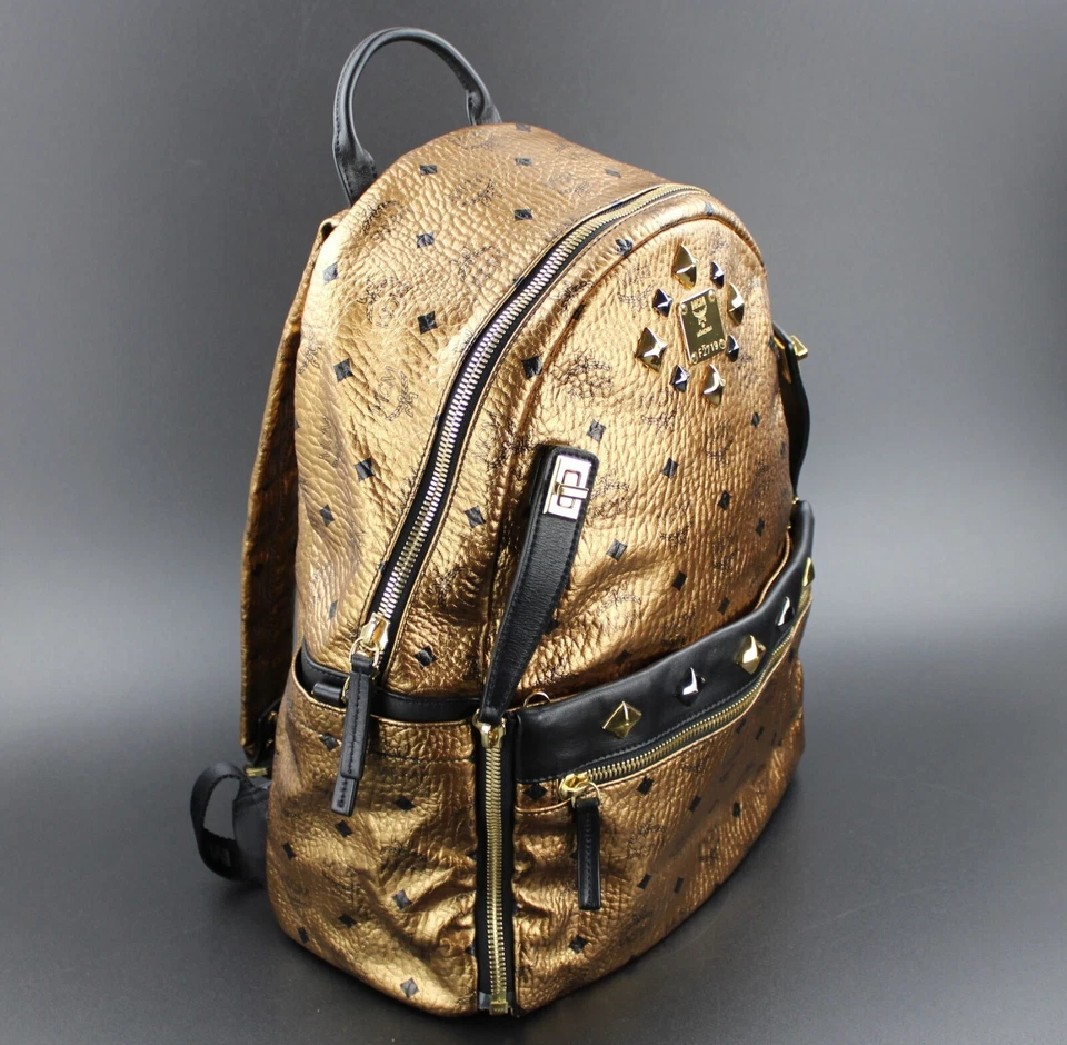 MCM Rucksack Tasche gold metallic schwarz grau Nieten UNISEX LARGE - Bild 3 von 4