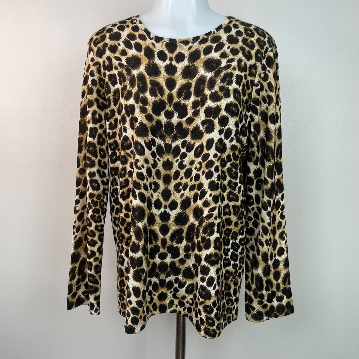●ONE BRILLIANT● CynthiaOB434Leopard Cynthia-OB434-Leopard Chico's Knit Top 2 Women's Large Brown Leopard Long Sleeve