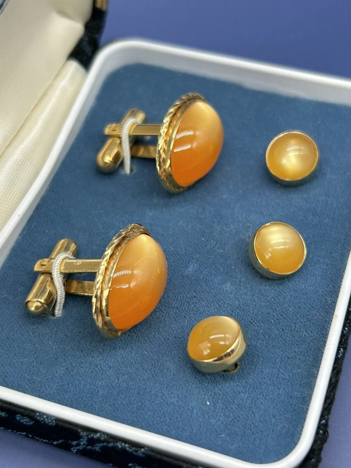 After Six Cufflinks & Tie Pin Set Orange Oval/Round Stone Gold Toned Vintage - Image 3 of 4