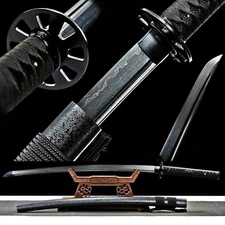 All Black Katana Damuscus Folded 1095 Steel Functional Japanese Samurai Sword