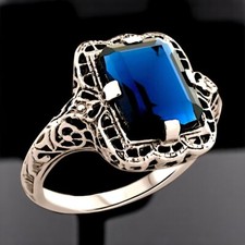 DECO ANTIQUE STYLE 925 STERLING SILVER SIMULATED 3 CT SAPPHIRE RING     1167