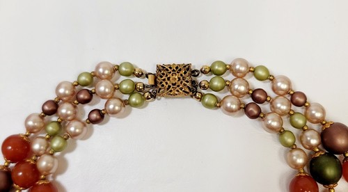 Vintage Estate French Glass Carnelian Faux Glass Pearl Brass 3 Strand Necklace - Picture 2 of 6