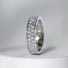 Round Cut Moissanite Two Row Eternity Engagement Band in 14k White Gold Plated