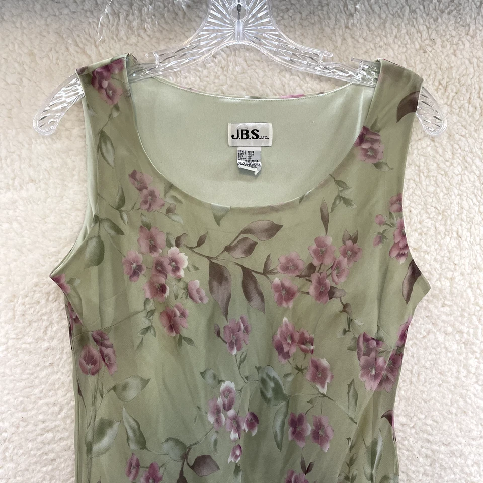 90s Y2K Vintage Midi Dress Large 10 Petite Pistachio Green Floral Chiffon Mesh - Image 3 of 4