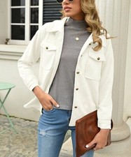 Women White Matte Pocket Button -up Jacket Size Large