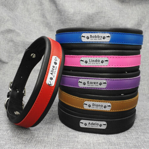 Weiches Leder personalisiertes Hundehalsband maßgeschneidert graviert Haustier Name Nummer Ausweis Etikett M-XL - Bild 1 von 24