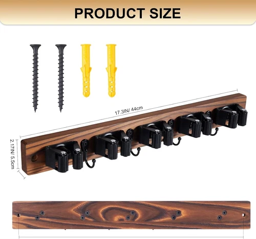 Besenhalter Wandhalterung mit 5 Schlitzen & 4 Haken, rustikaler Holzbesen & Wischmoppaufhänger - Bild 6 von 8