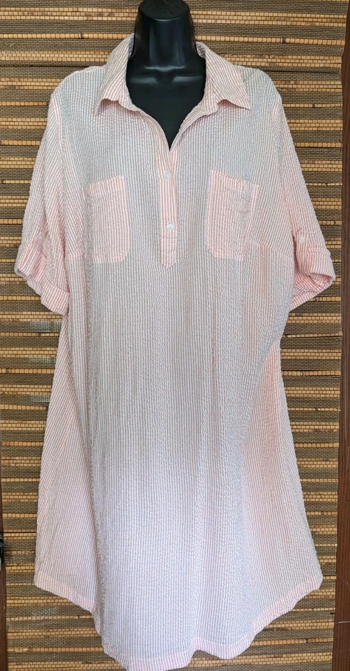 Vintage Y2K Karen Scott 2X Peach White Seersucker Button Down Midi Dress Pockets - Image 2 of 4