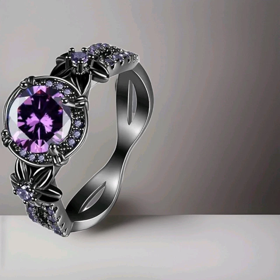 Stunning New S925 Sterling Silver Purple CZ Cocktail Ring, Black Plated, Size 10 - Image 2 of 4