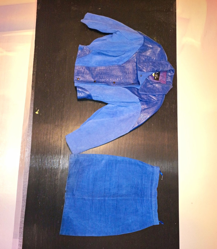 DENX Blue Leather Suede 2-Piece Skirt Suit Set Jacket & Skirt Size M