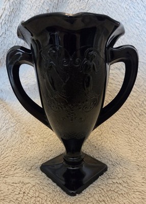 7'' Vintage L. E. Smith Black Amethyst Glass Trophy Vase, Dancing Nymphs, 1930's