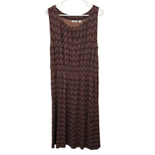 LL Bean Sleeveless Midi Dress L Brown Geometric Print Smocked Waist Pleated Neck