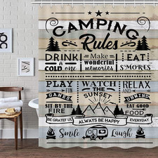 Camper RV Shower Curtain for Travel Trailer Bathroom, Farmhouse Camping Rules Qu