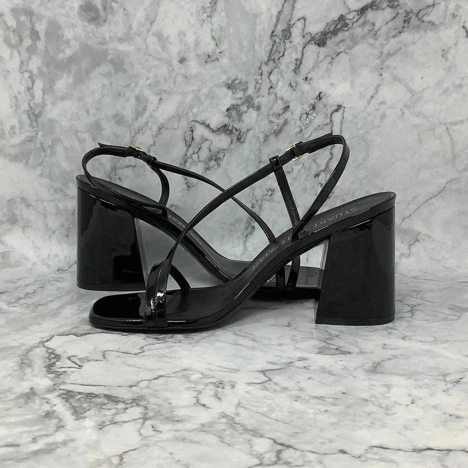 Stuart Weitzman Sz 9B Black Soire 85 Patent Leather Sandals Block Heels A6-1 - Image 4 of 4