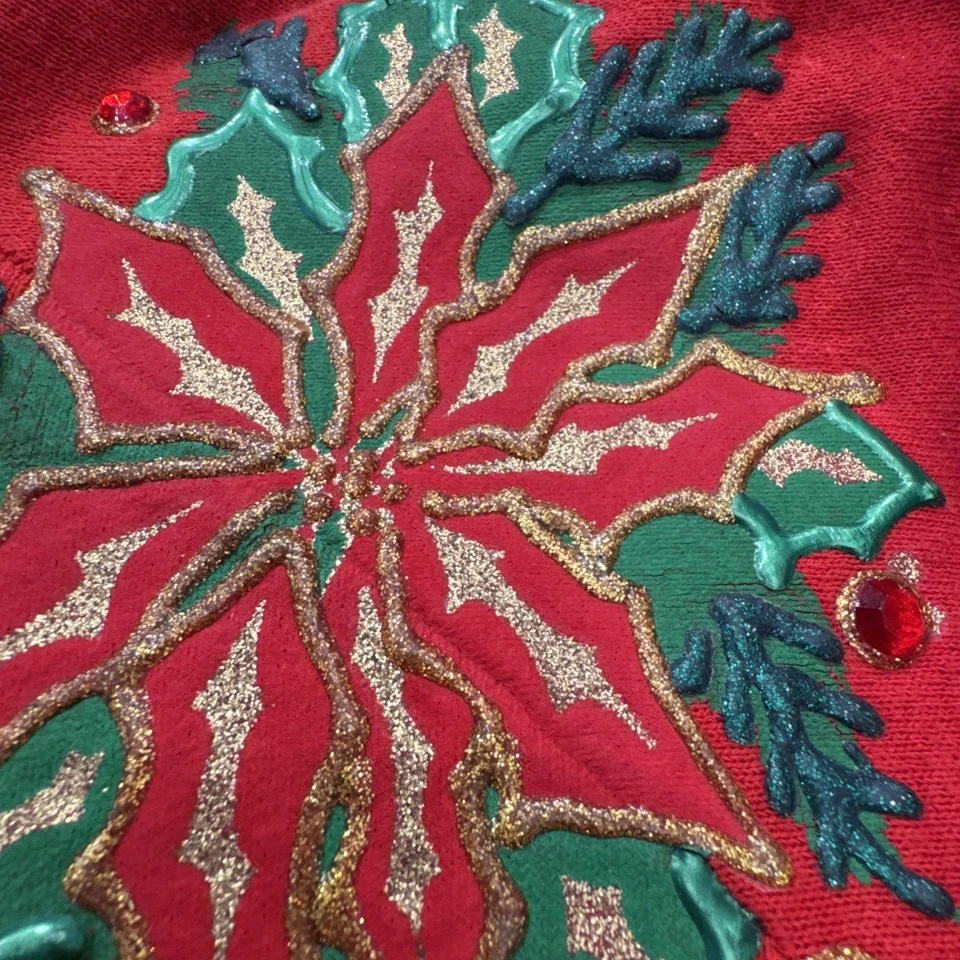 Sudadera De Colección Años 90 Y2K FEA Vacaciones Pintura Poinsettia Puff y Joyas Hecha en EE. UU. Foto 4 de 4