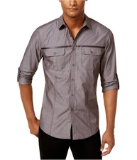 I.N.C Mens Chest stripe Button Up Shirt, grey, XL Neck