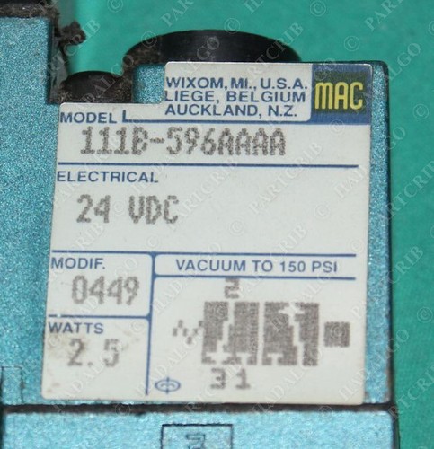 Mac, 111B-596AAAA, Pneumatic Valve 24vdc NEW - Picture 3 of 3