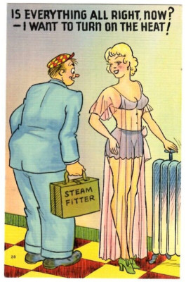 VTG Comic Postcard Is Everything All Right,Now?Steam Fitter w Lady Risque Linen