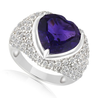 7.64Ct Heart Shape Amethyst & White Topaz 925 Silver Promise Ring Valentine Gift