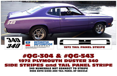 QG-304 & QG-543 1972 PLYMOUTH DUSTER 340 - SIDE STRIPE and TAIL PANEL DECAL