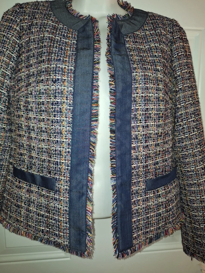 Chaqueta abierta de tweed Ann Taylor para mujer azul denim con flecos dobladillo/puño talla 0 Foto 3 de 4
