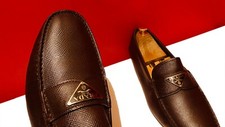 $849.00 !! PRADA MEN LUXURY BROWN TEXTERED LEATHER LOAFERS SHOE MARK UK SIZE 8.5