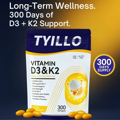 TYILLO D3 10000IU + K2 MK7 – Vegan,Plant-Based with Coconut Oil for Bone & Heart